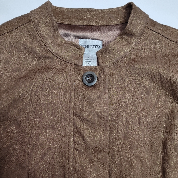Chico's Sz 1  US 8 Mocha Tapestry Gold Metal, Bomber Jacket, Mandarin Collar - Picture 4 of 13